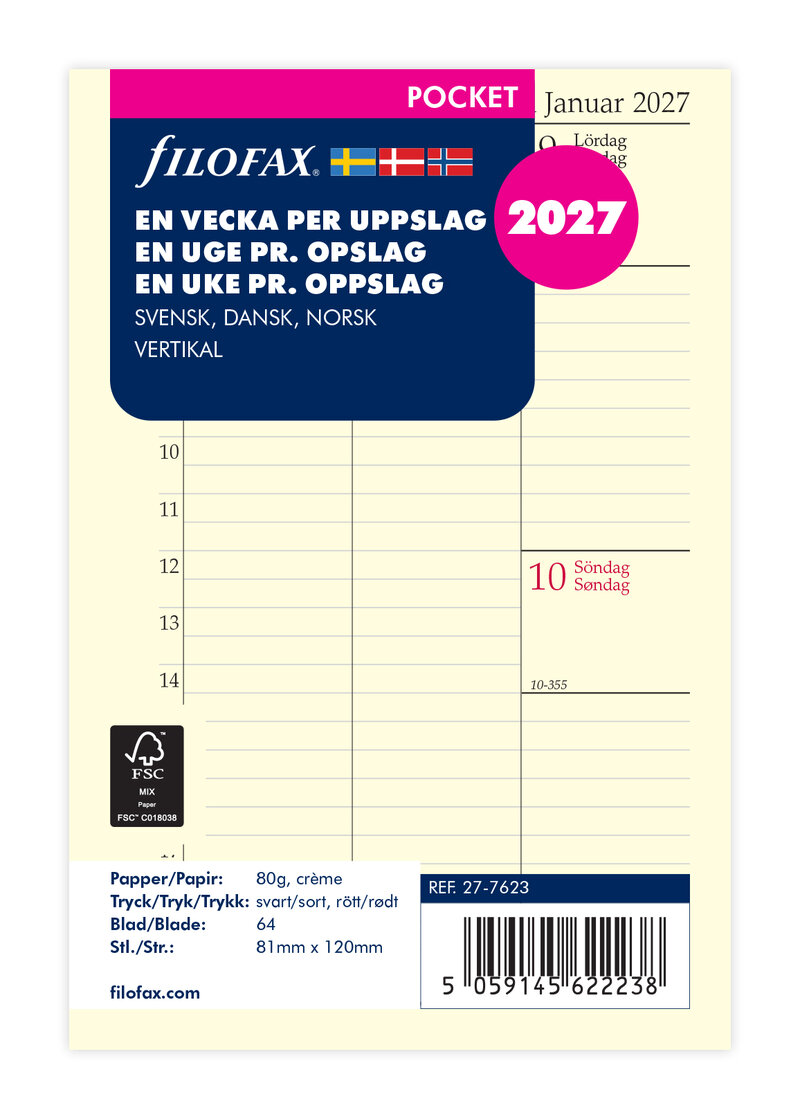PFilofax - ocket Refill 2027 Vecka/Uppslag Vertikal