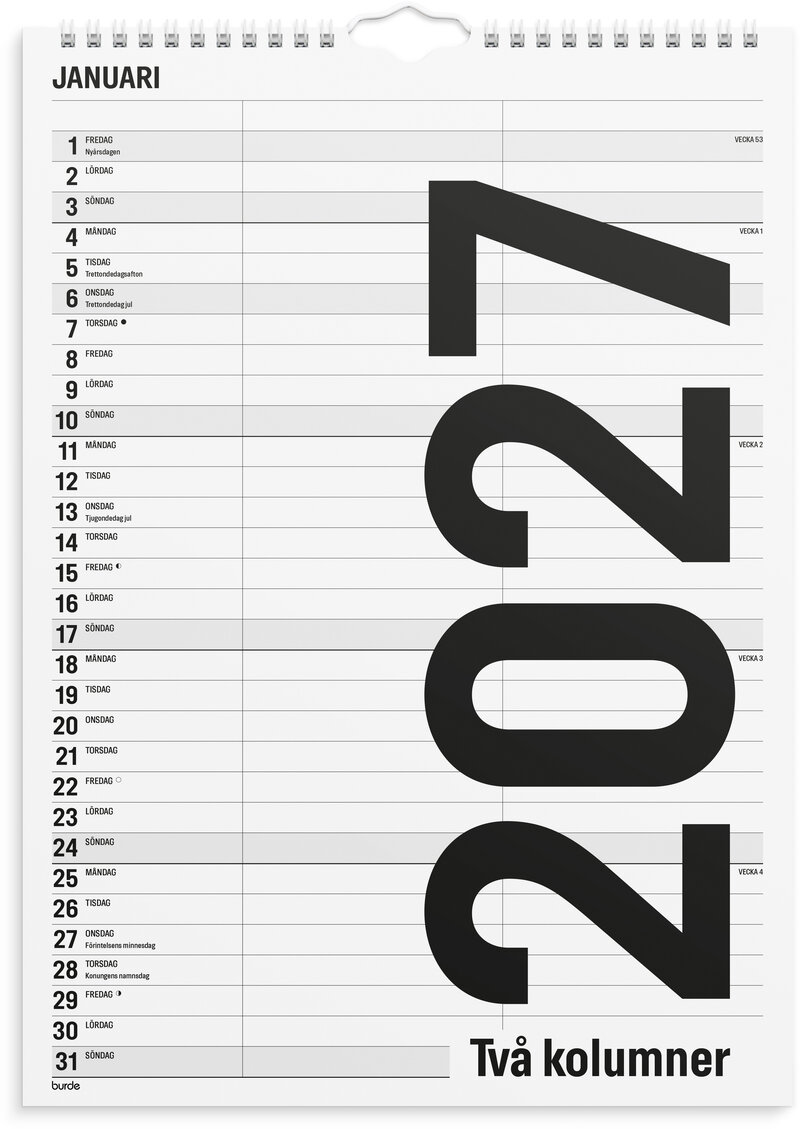 Familjekalender 2027 Black and white 2 kolumner