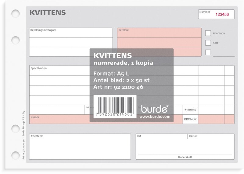 Kvittens A5L med 1 kopia numrerade 2 x 50 blad